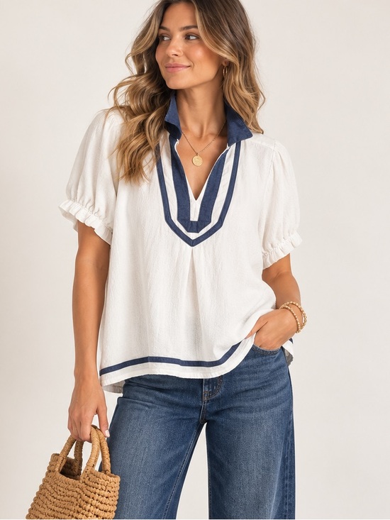Umgee Tops - Umgee ivory and navy contrast blouse $49 msrp large